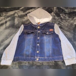 Toddler Boys 4T 7 For All Man Kind Denim Jacket With Fabric Sleeves And Hood